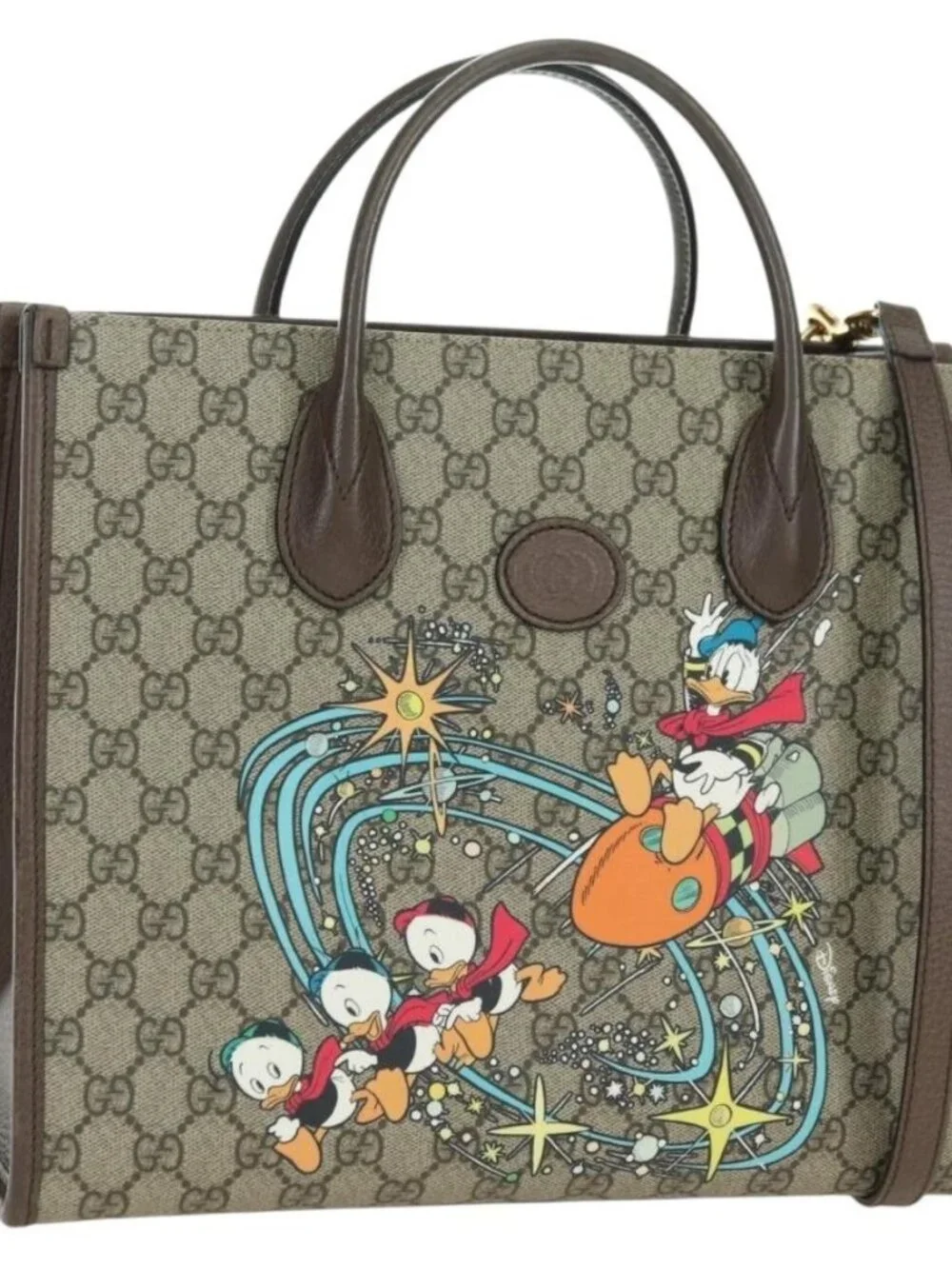 GUCCI GG Supreme Donald duck Hand Bag PVC 2way Beige Gold 648134 Auth